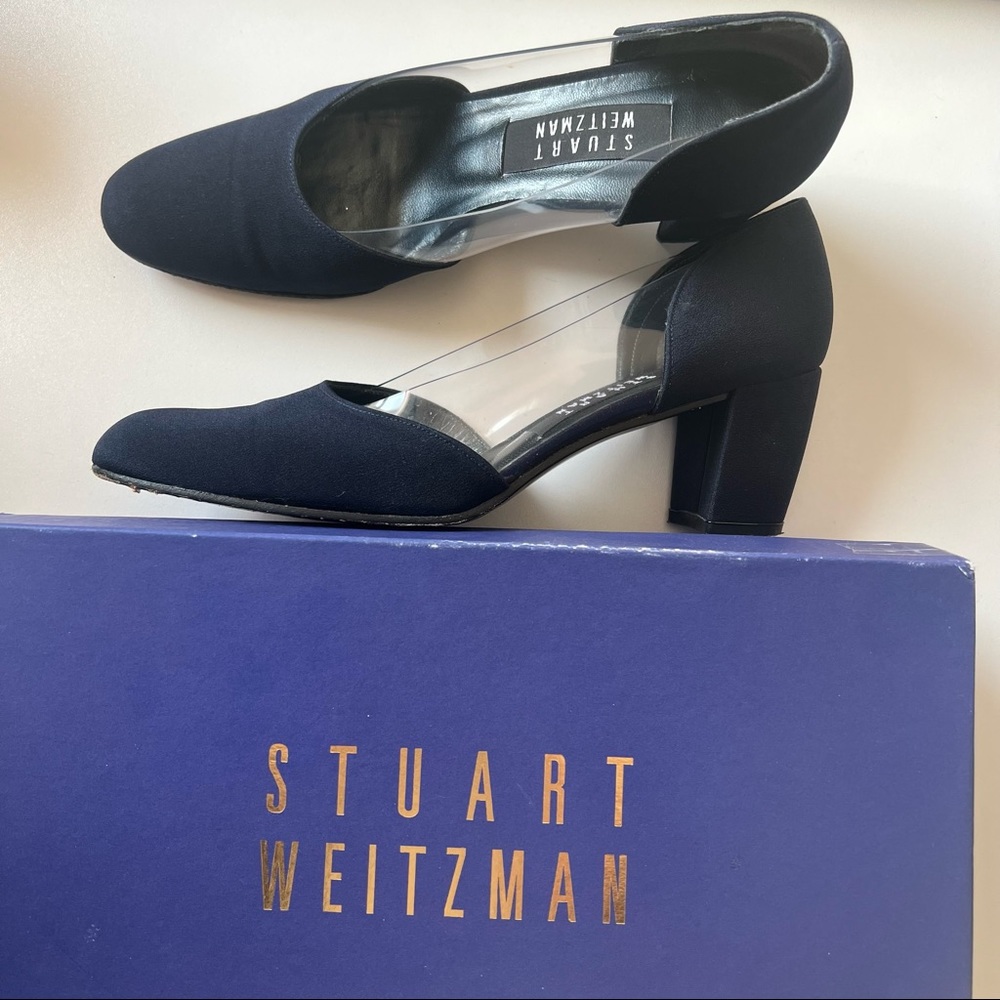 Stuart Weitzman Vintage Satin Navy Pump w/ vinyl clear sides 7.5
